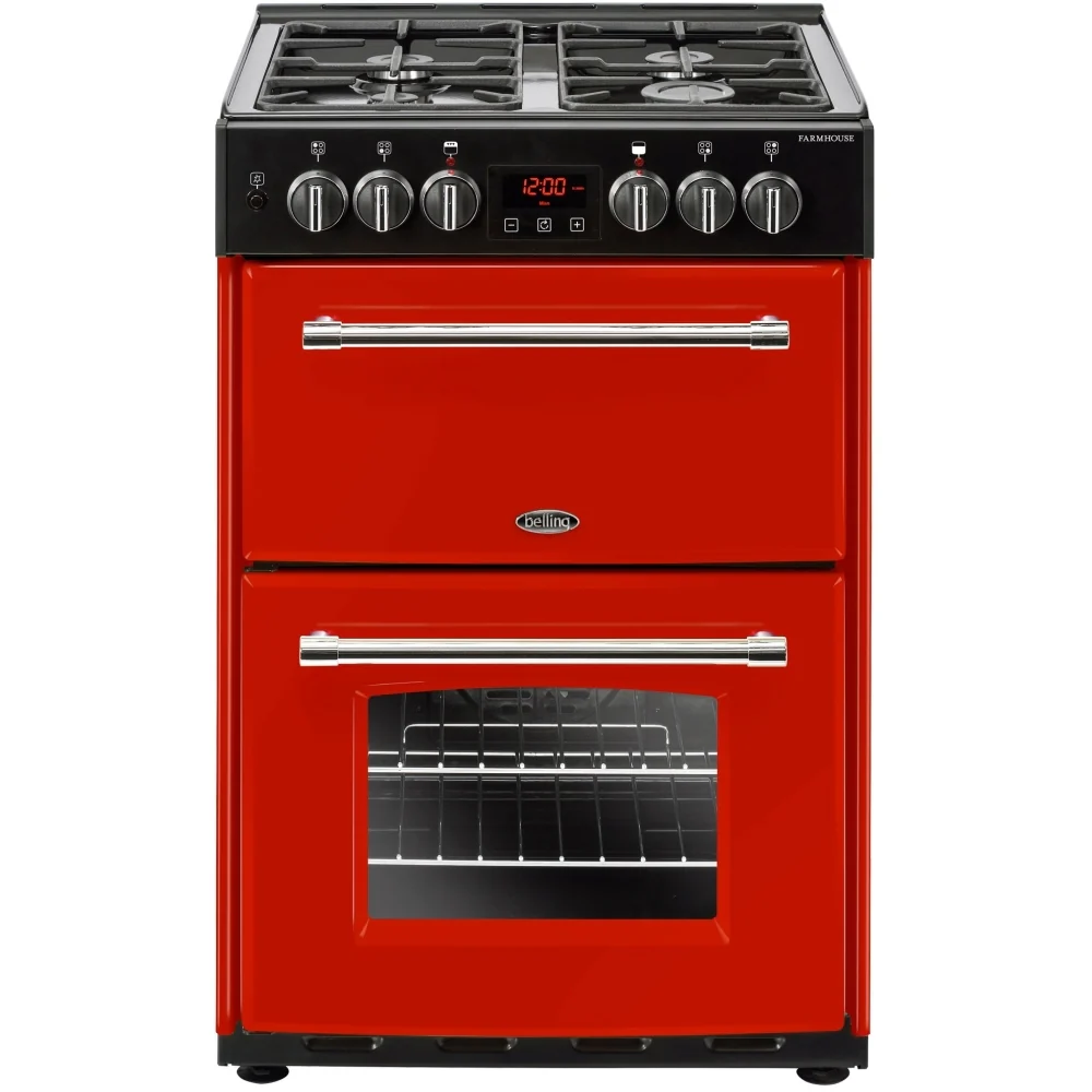 Belling Farmhouse 60DF 444444715 Jalapeno - Red Dual Fuel Cooker - 4 Gas Burners, Two Ovens - A Energy Rating