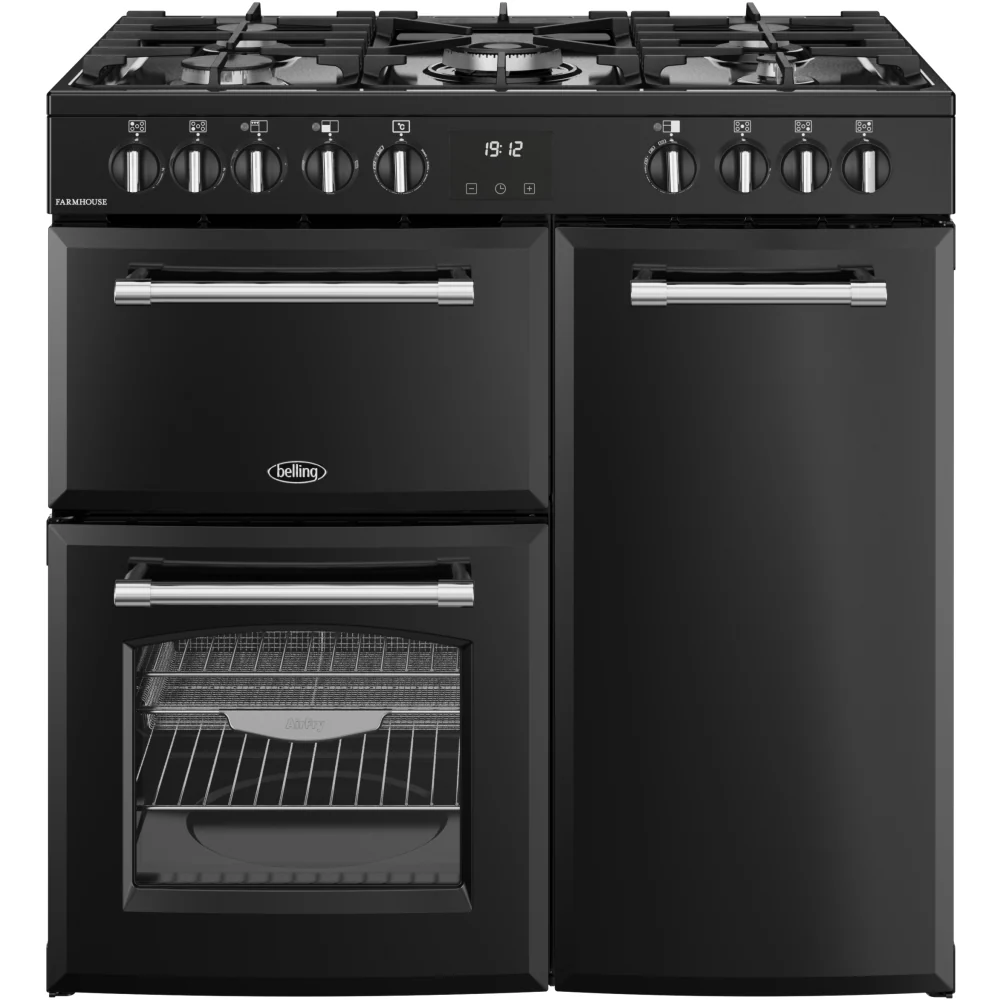 Belling Farmhouse 90DF 444411820 - Black 90cm Dual Fuel Range Cooker - 174L Capacity - A Energy Rating