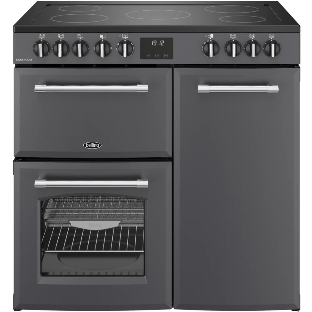 Belling RCA FARMHOUSE 90E AN 444411816 - Grey 90cm Range Cooker - 2 Ovens, 174L Capacity, 5 Zones, A Energy Rating