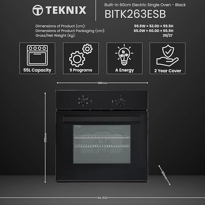Teknix BITK263ESB - Black 55L Single Oven - Slim Depth - A Energy - Image 7