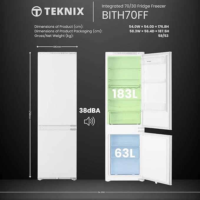 Teknix BITH70FF - White 70/30 Integrated Fridge Freezer - 246L - E energy - Image 4