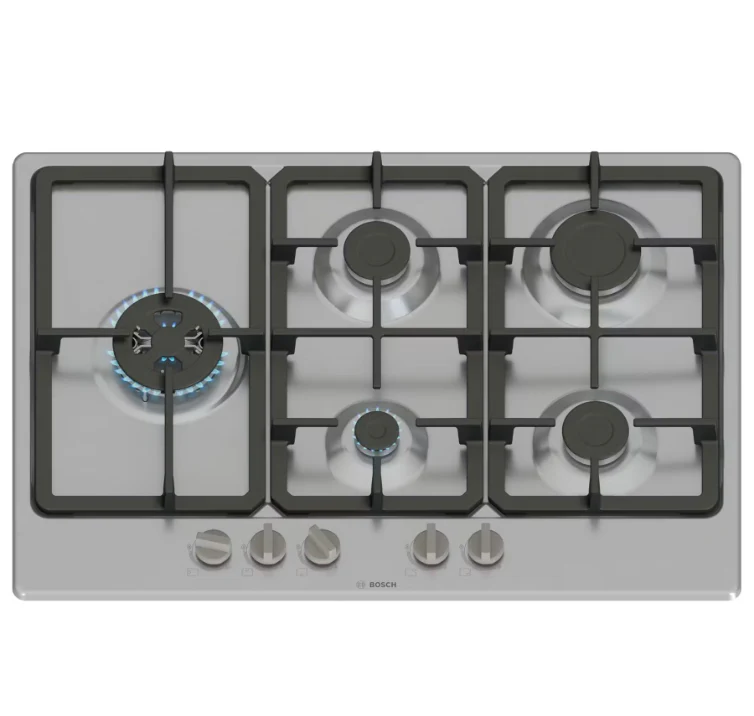 Bosch Series 4 PGM7B5K90 - Stainless Steel 75cm Gas Hob - 5 Burners with Wok - Built-in