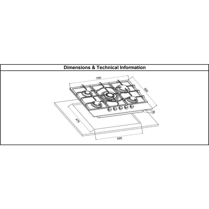 Cata UBGOG701BK - Black 5 Zone Gas Hob - Image 3