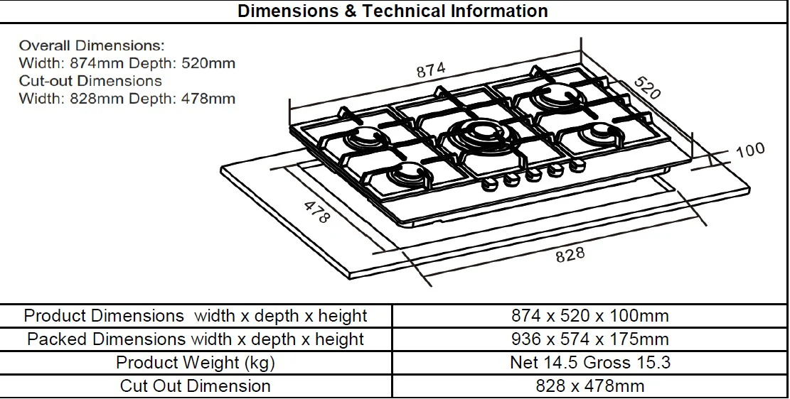 Cata UBGOG901BK - 90 cm Black 5 Zone Gas Hob - Image 3