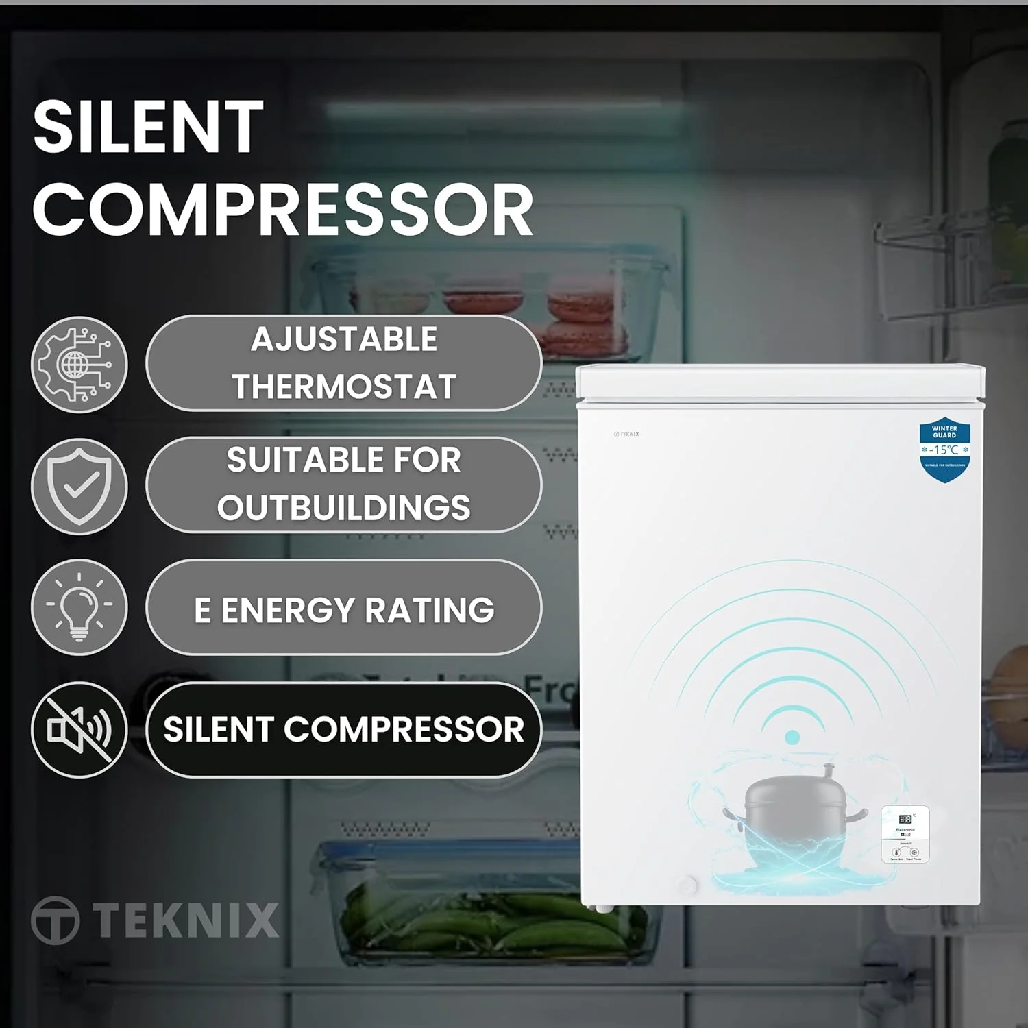 Teknix CH95 - White 95L Chest Freezer - Garage Safe - 4 Star, E Energy Rating - Image 7