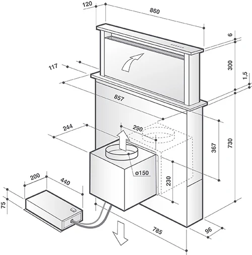 De Dietrich DHD7961B - Black 88cm Downdraft Extractor - 757m3/h Extraction Rate - Noise Level 38/61 dB - Image 2