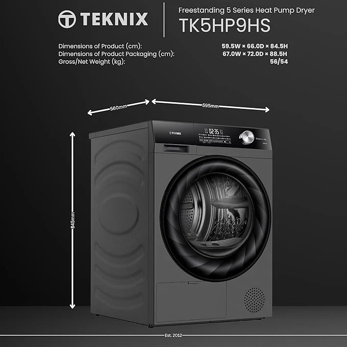 Teknix TK5HP9HS - Titanium 9KG Tumble Dryer - Heat Pump - E Energy Rating - Image 3