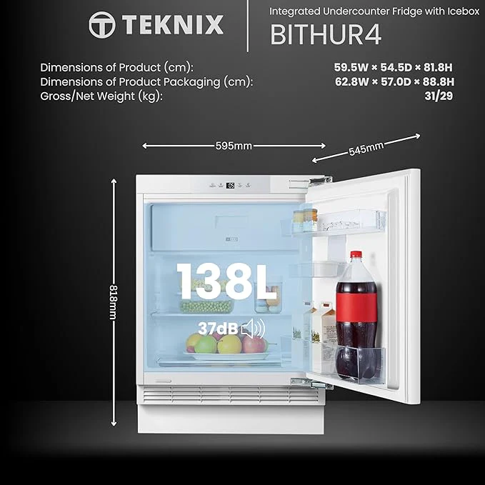 Teknix BITHUR4 - White Under Counter Fridge - 138L with Ice Box - E Energy Rating - Image 3
