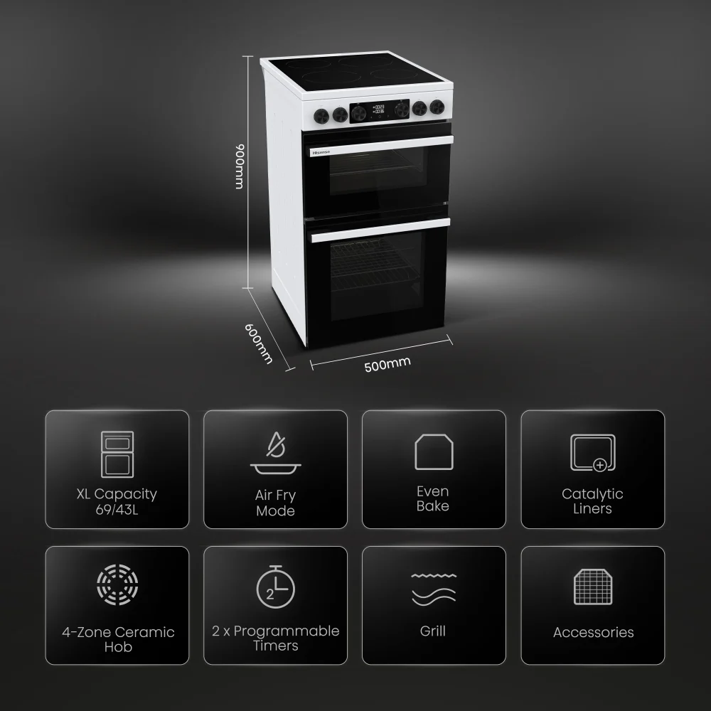 Hisense HDCEC5C10W - White Electric Cooker - Double Oven with Ceramic Hob - A Rated - Image 2