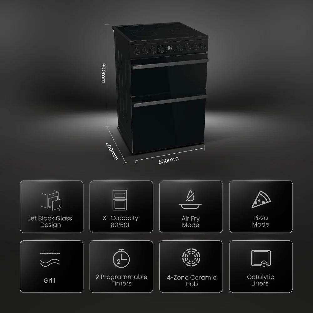 Hisense HDCEC6C20B - Black Electric Double Oven Cooker - Ceramic Hob - A Rated - Image 3