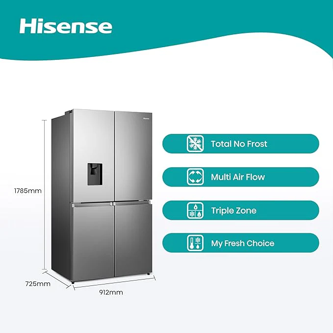 Hisense RQ758N4SWSE 606 Litre 4 Door American Fridge Freezer Non Plumbed Water Dispenser - Grey - E Rated - Image 3