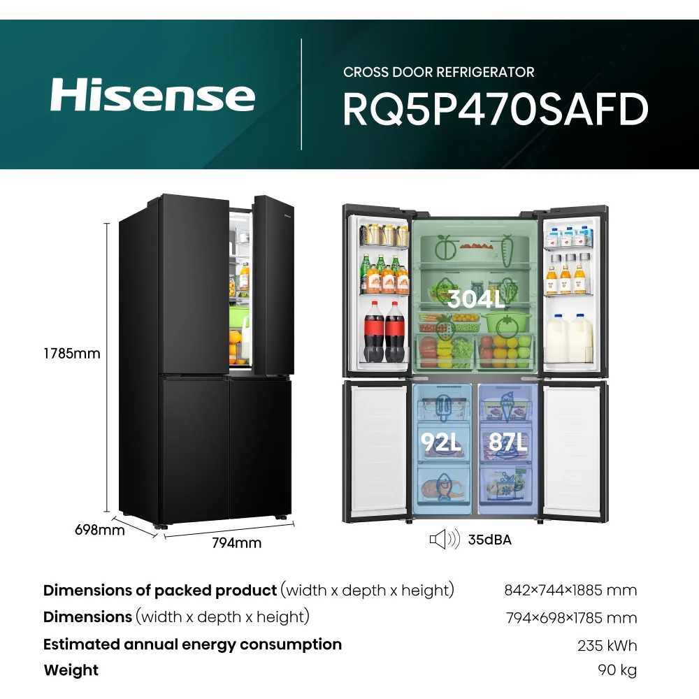 Hisense RQ5P470SAFD - Black/Stainless Steel American Fridge Freezer - 483L - D Energy - Image 3