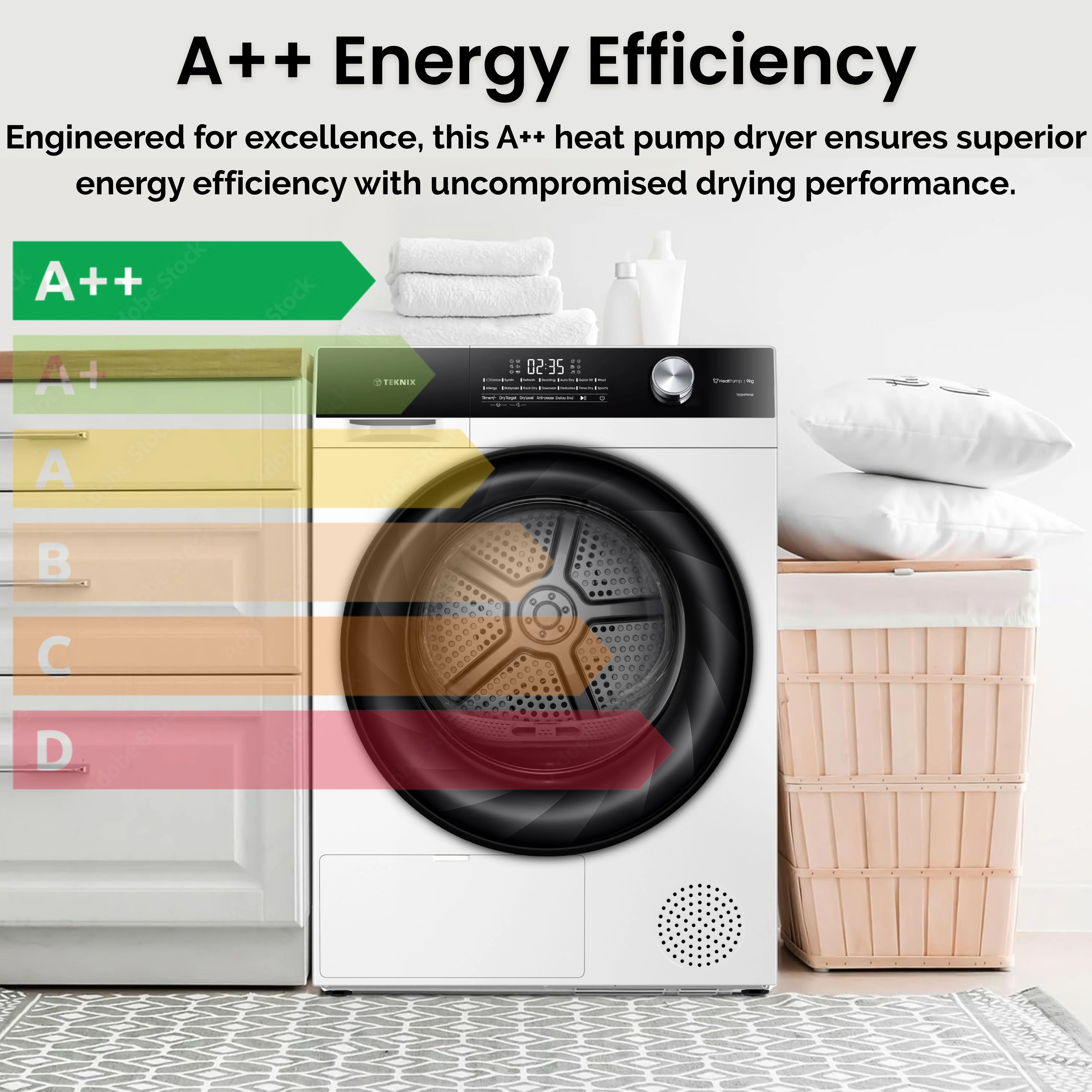 Teknix TK5HP9HW - White 9KG Heat Pump Tumble Dryer - E Energy Rating - Image 5