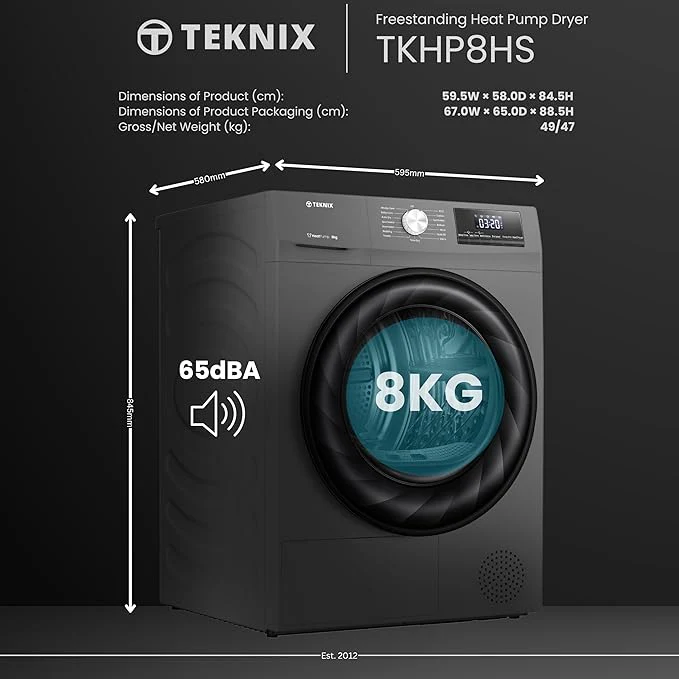 Teknix TKHP8HS - Titanium 8KG Heat Pump Tumble Dryer - E Energy - Image 6