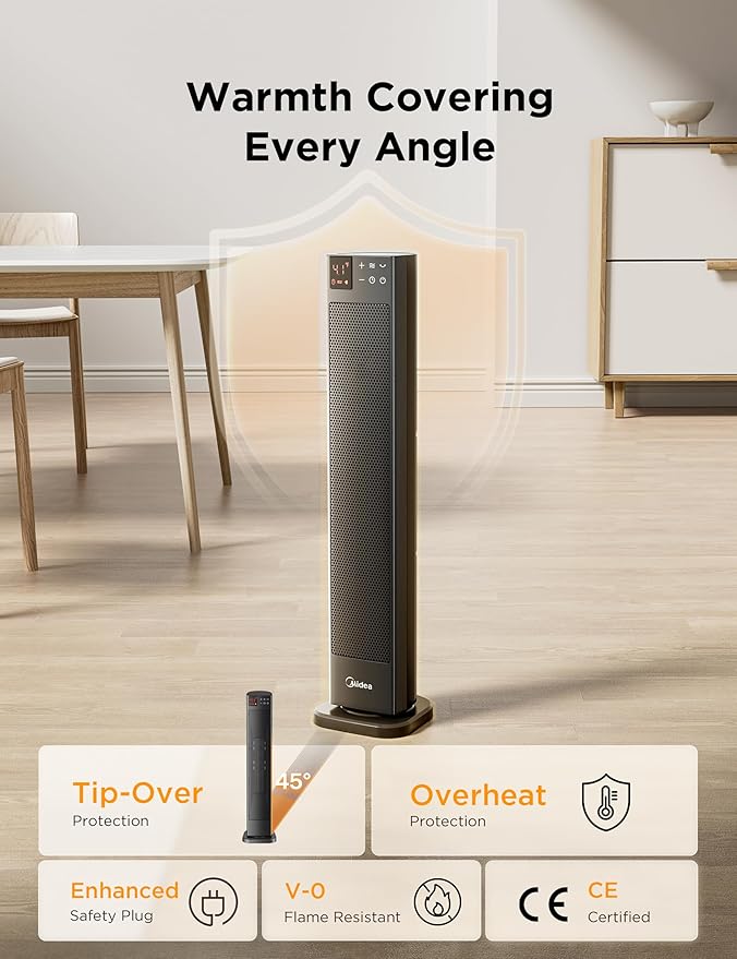 Midea MHF202RSBPK - Black 2000W Ceramic Tower Heater - 75° Oscillation - 24-Hour Timer - Image 3