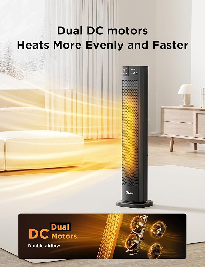 Midea MHF202RSBPK - Black 2000W Ceramic Tower Heater - 75° Oscillation - 24-Hour Timer - Image 4