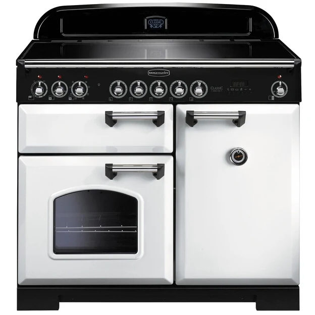 Rangemaster Classic Deluxe CDL100EIWH/C - White/Chrome Range Cooker - 79L + 82L - A Rated