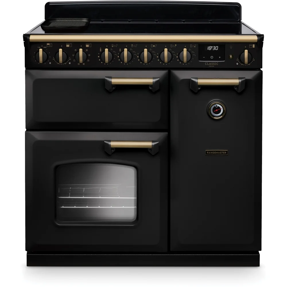 Rangemaster CLDL90EIPCBL/AB1 Classic Deluxe - Charcoal Black / Antique Brass Range Cooker - 90cm Induction - A Energy