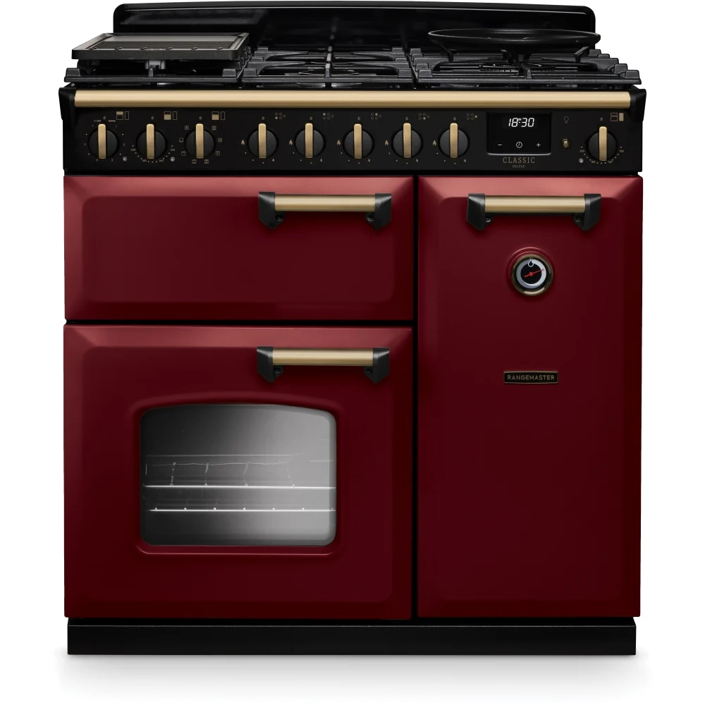 Rangemaster CLDL90DFPBOR/AB1 Classic Deluxe CLDL90DFPBOR/AB1 - Bordeaux/Antique Brass Range Cooker - Dual Fuel - A Energy Rating