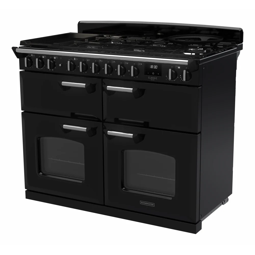 Rangemaster CLDLB110DFPGBL/CM1 Classic Deluxe  - Black/Chrome Dual Fuel Range Cooker - 110cm - A Rated - Image 2