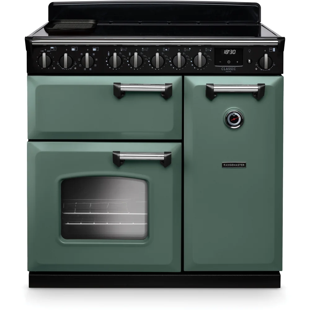 Rangemaster CLDL90EIPMGR/CM1 Classic Deluxe - Mineral Green/Chrome 90cm Range Cooker - Induction Hob - A Rated