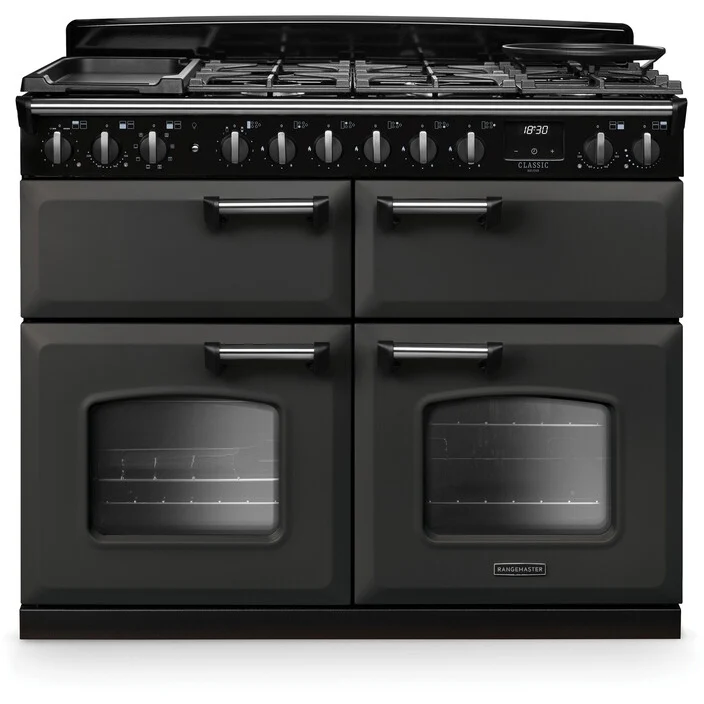 Rangemaster CLDLB110DFPSLT/CM1 Classic Deluxe - Slate/Chrome 110cm Dual Fuel Range Cooker - 216L Capacity - A Energy Rating