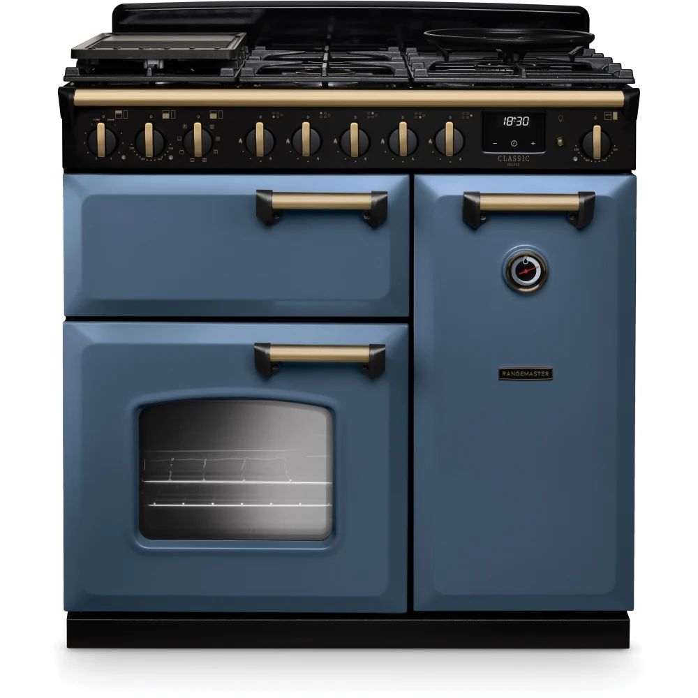 Rangemaster CLDL90DFPSTB/AB1 Classic Deluxe - Stone Blue/Antique Brass Range Cooker - 90cm Dual Fuel - A Rated