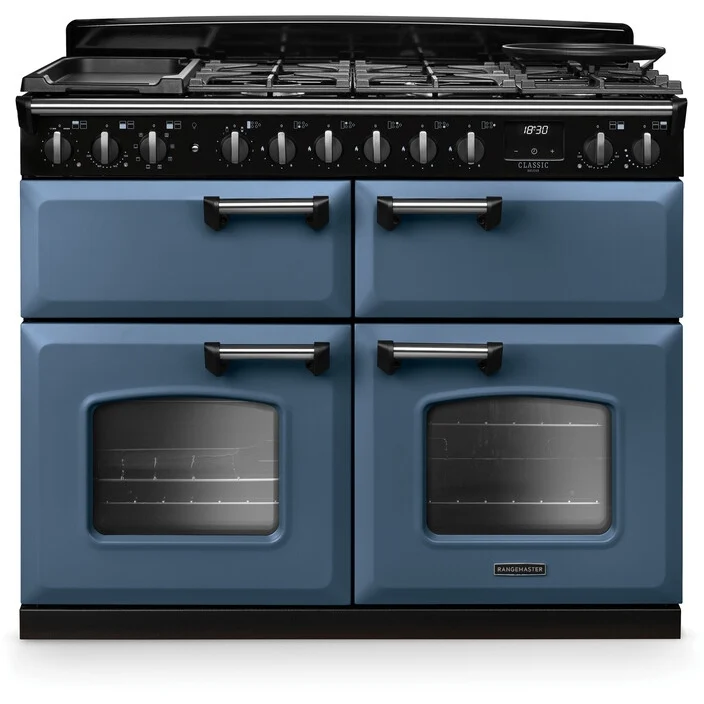 Rangemaster CLDLB110DFPSTB/CM1 Classic Deluxe - Stone Blue/Chrome Range Cooker - 110cm Dual Fuel - A Energy Rating