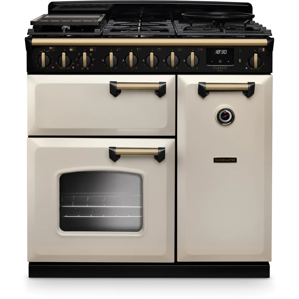 Rangemaster CLDL90DFPPCR/AB1 - Pale Cream/Antique Brass Range Cooker - 90cm Dual Fuel - A Rated