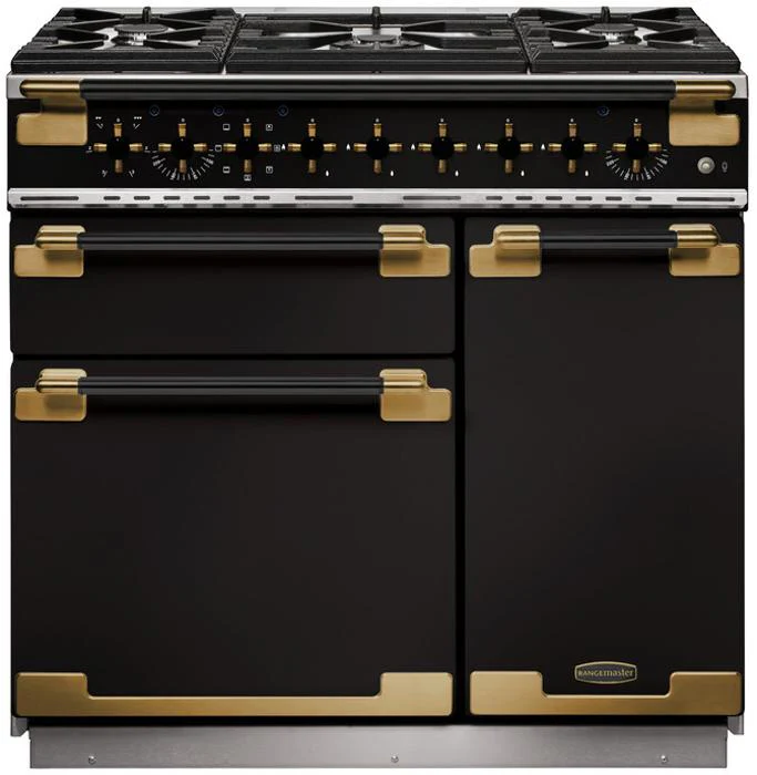 Rangemaster ELS90DFFGB/BE - Black/Antique Brass Range Cooker - 79L Dual Fuel - A Energy