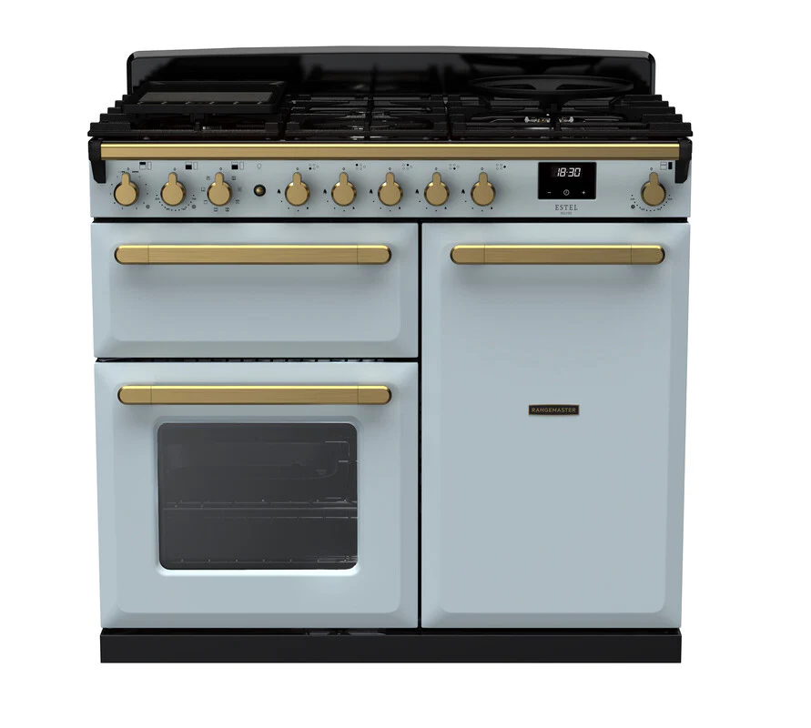 Rangemaster ESDL100DFPMSB/AB1 Estel Deluxe 100cm Dual Fuel Misty Blue/Antique Brass
