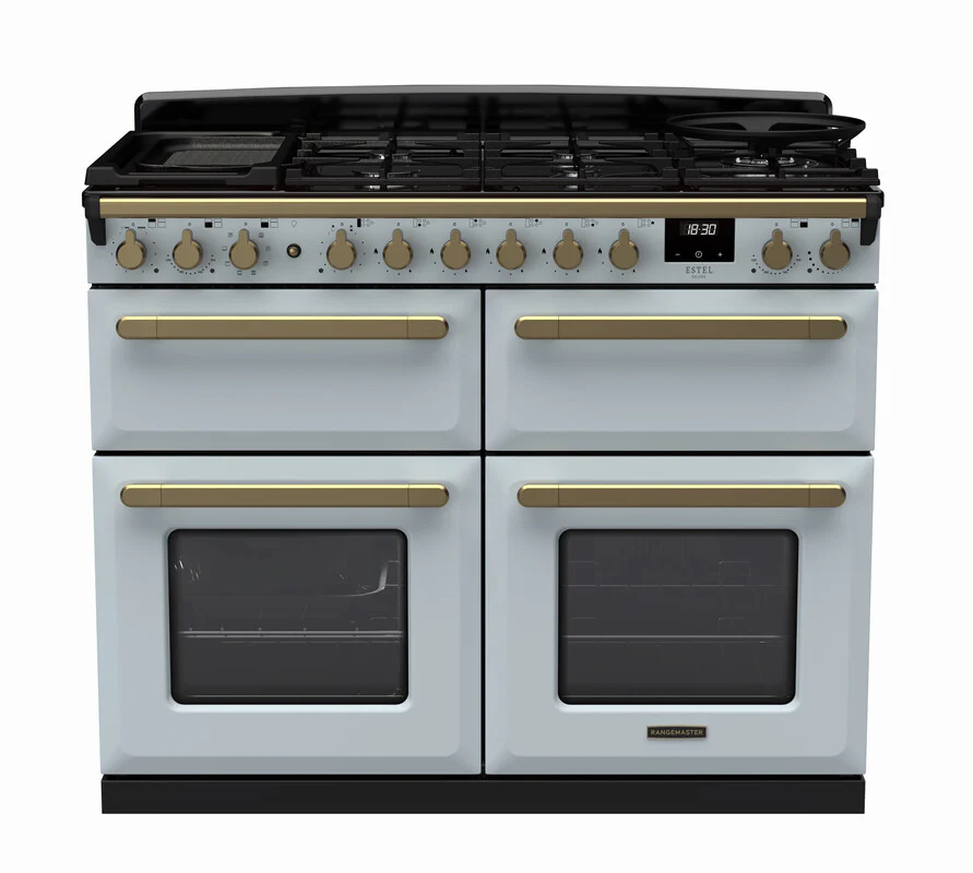Rangemaster ESDLB110DFPMSB/AB1 Estel Deluxe 110cm BC Dual Fuel Misty Blue/Antique Brass