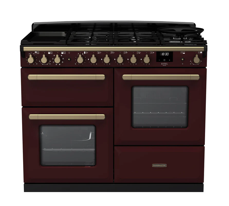 Rangemaster ESDLO110DFPBOR/AB1 Estel Deluxe 110cm Dual Fuel Bordeaux/Antique Brass