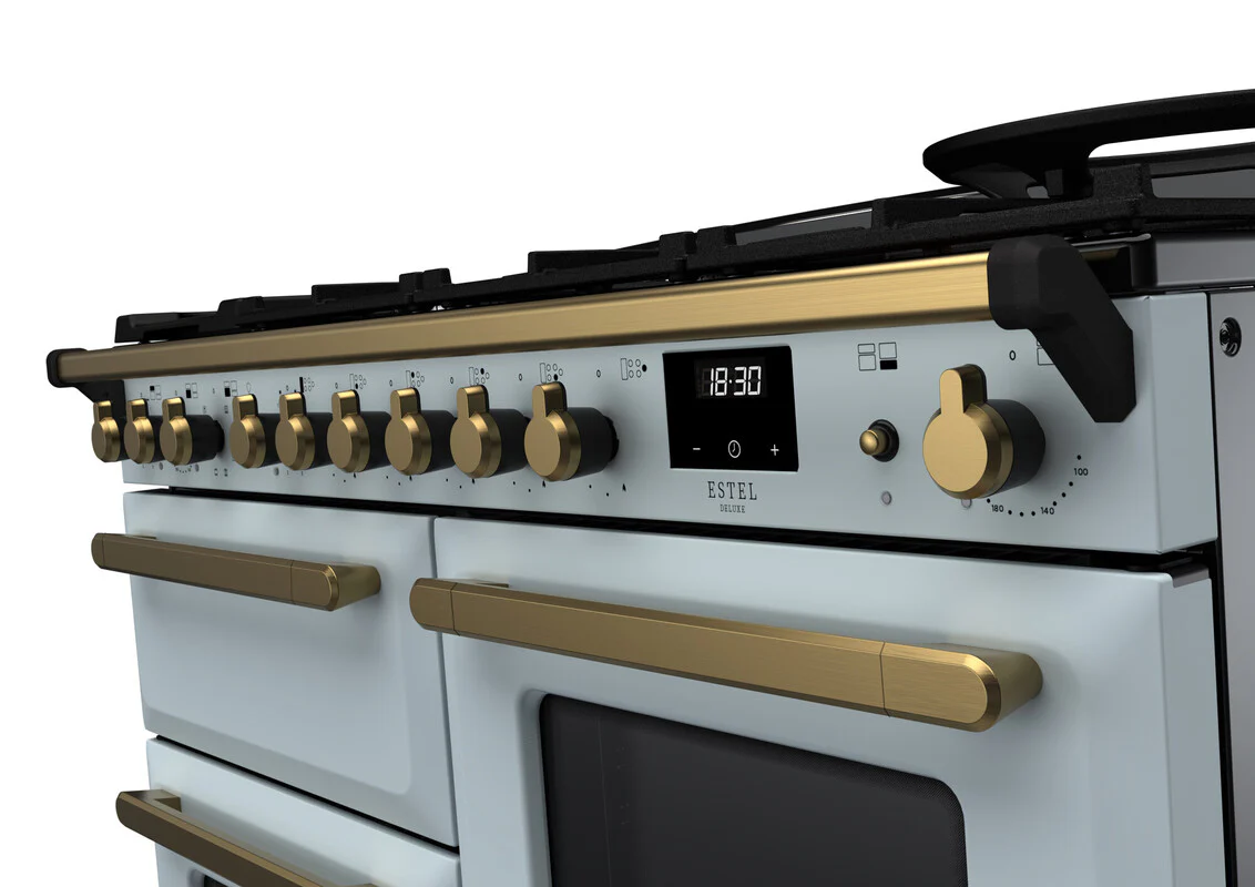 Rangemaster ESDLO110DFPMSB/AB1 Estel Deluxe 110cm Dual Fuel Misty Blue/Antique Brass - Image 2