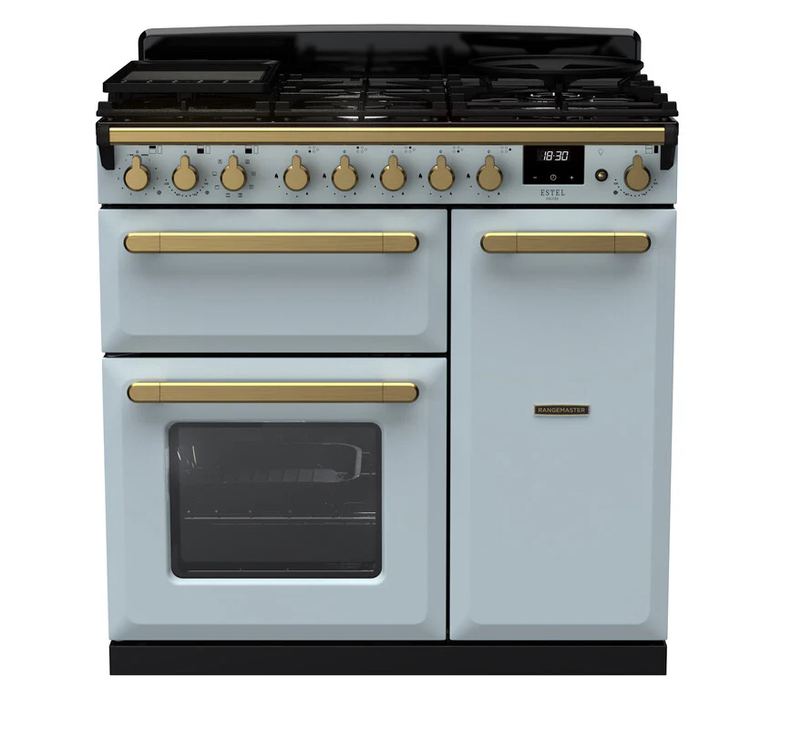 Rangemaster ESDL90DFPMSB/AB1 Estel Deluxe 90cm Dual Fuel Misty Blue/Antique Brass
