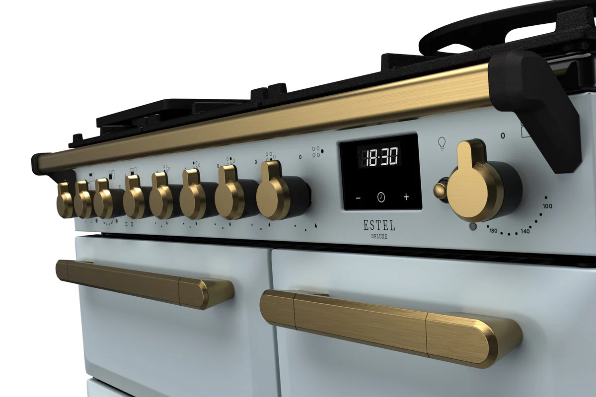 Rangemaster ESDL90DFPMSB/AB1 Estel Deluxe 90cm Dual Fuel Misty Blue/Antique Brass - Image 2