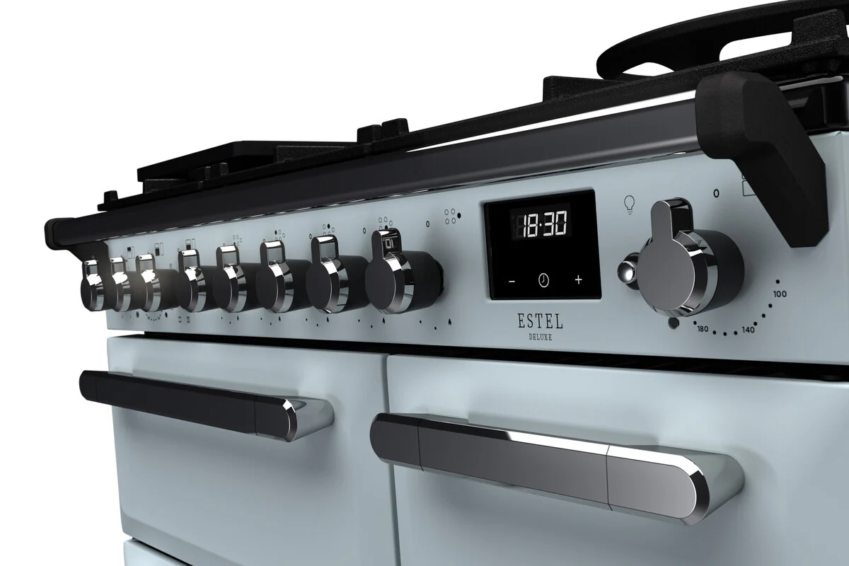 Rangemaster ESDL90DFPMSB/CM1 Estel Deluxe 90cm Dual Fuel Misty Blue/Chrome - Image 3