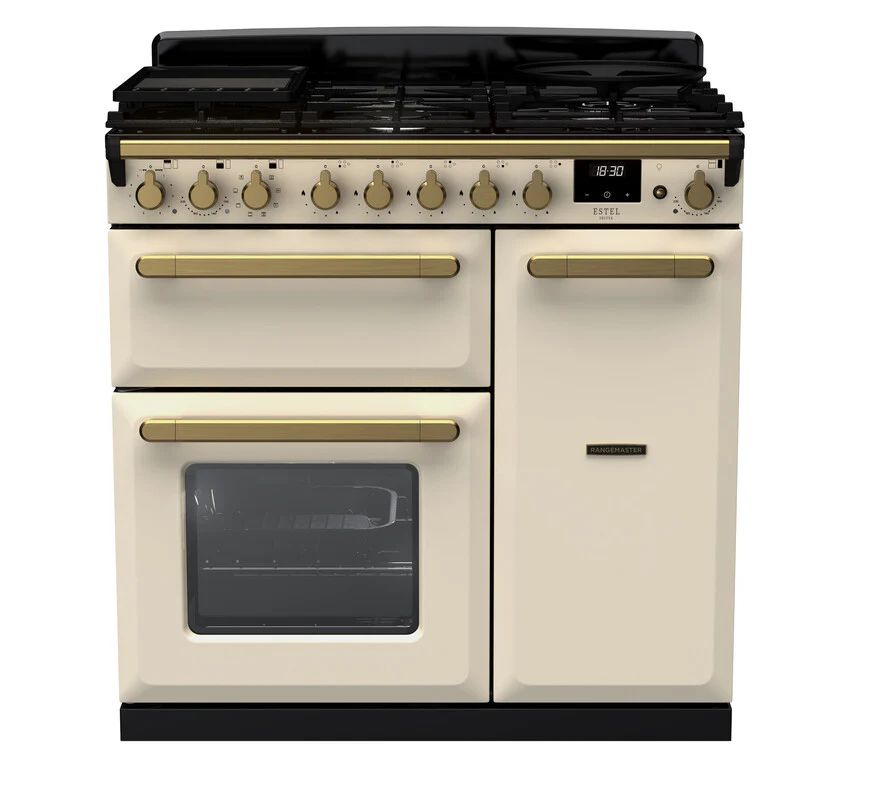Rangemaster ESDL90DFPPCR/AB1 Estel Deluxe 90cm Dual Fuel Pale Cream/Antique Brass