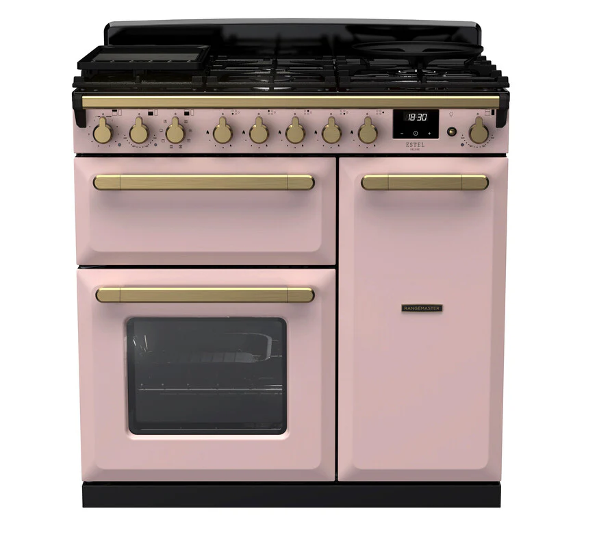 Rangemaster ESDL90DFPPPK/AB1 Estel Deluxe 90cm Dual Fuel Pale Pink/Antique Brass