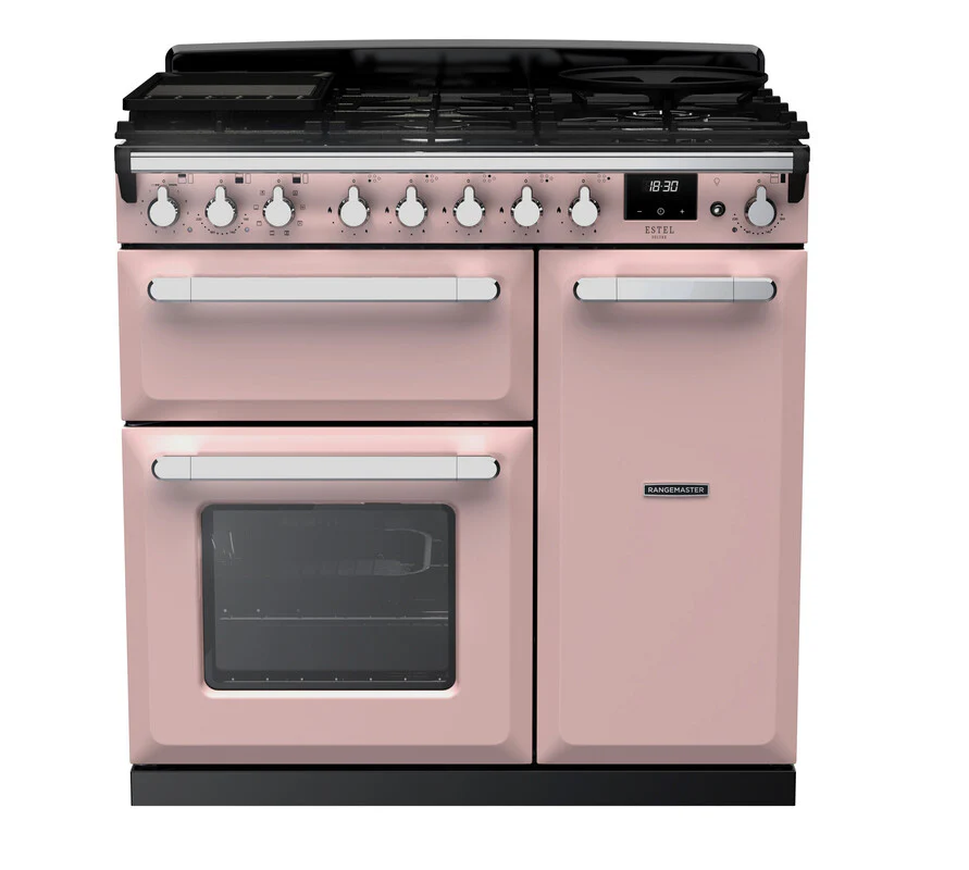 Rangemaster ESDL90DFPPPK/CM1 Estel Deluxe 90cm Dual Fuel Pale Pink/Chrome