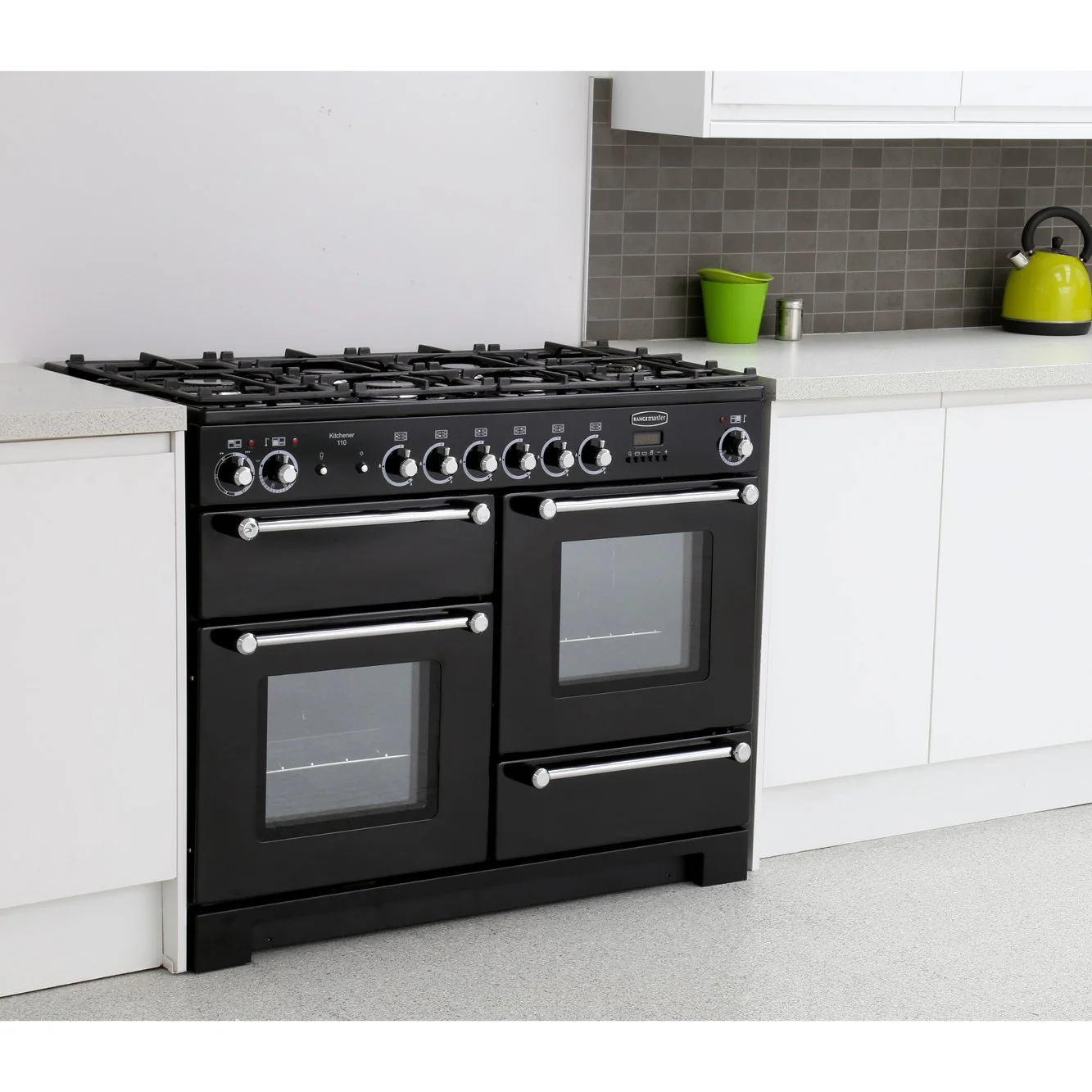Rangemaster Kitchener KCH110DFFBL/C - Black/Chrome Dual Fuel Range Cooker - 110cm - A Rated - Image 2