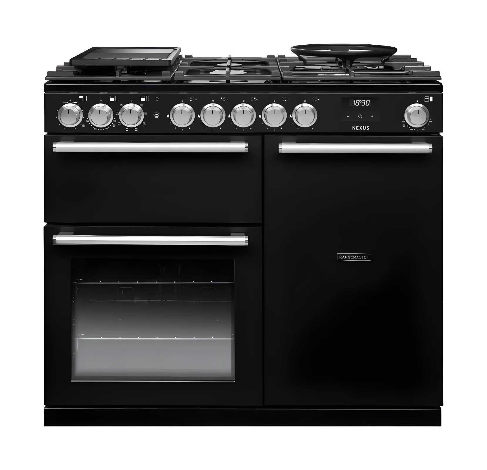 Rangemaster NEX100DFPGBL/CM1 - Gloss Black 100cm Dual Fuel Range Cooker - 5 Zone Gas Hob - A Energy