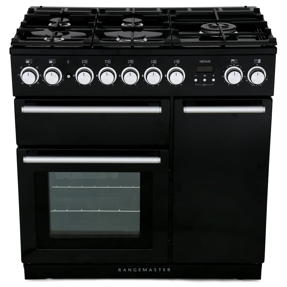 Rangemaster Nexus NEX90DFFBL/C - Black/Chrome Dual Fuel Range Cooker - 140L - A Rated