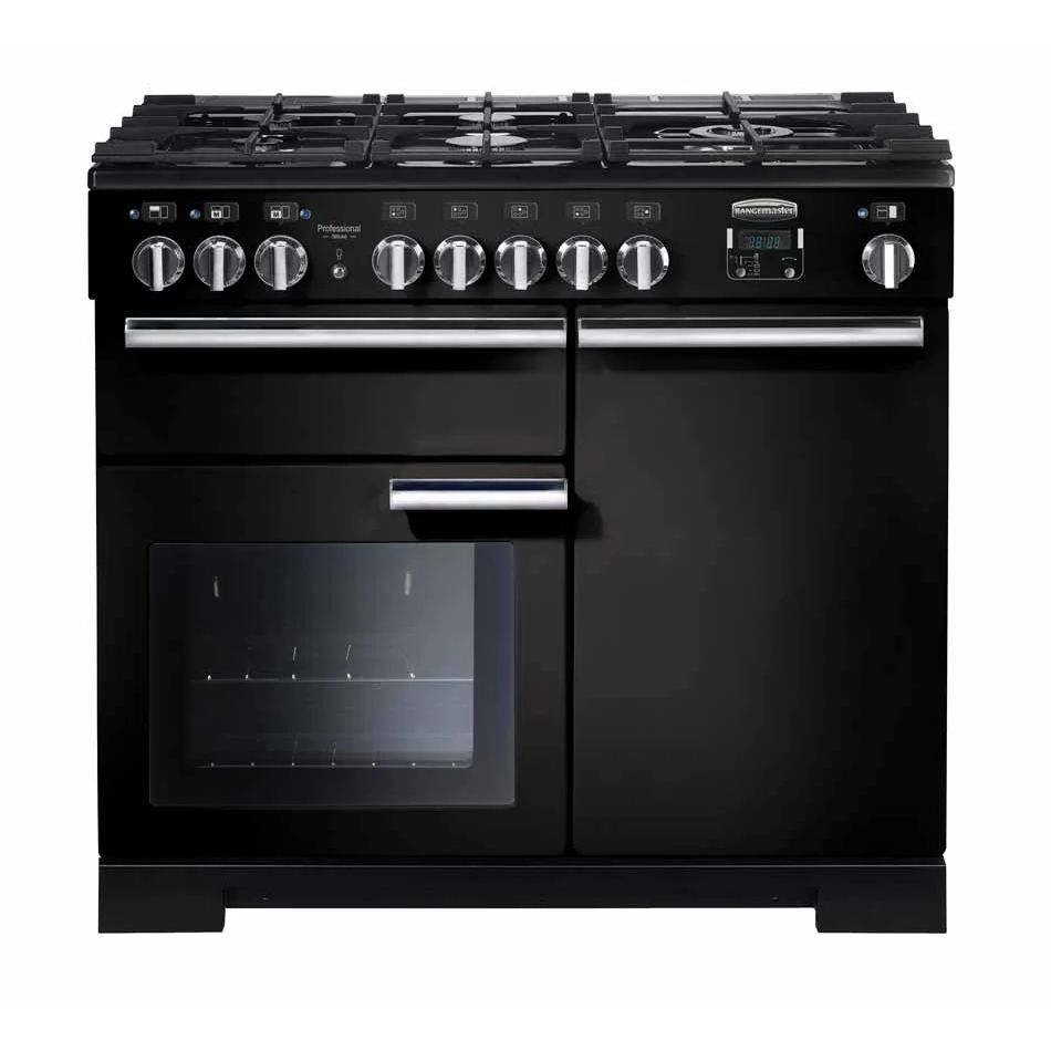 Rangemaster PDL100DFFGB/C - Black/Chrome Range Cooker - 155L Dual Fuel - A Energy Rated