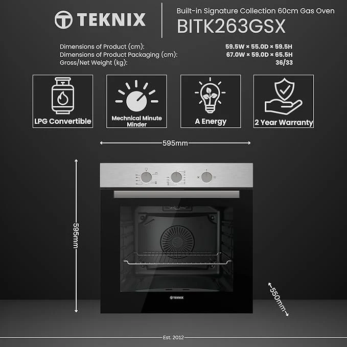 Teknix BITK263GSX - Stainless Steel 63L Gas Oven - Built-in-LPG convertible - A Energy Rating - Image 5