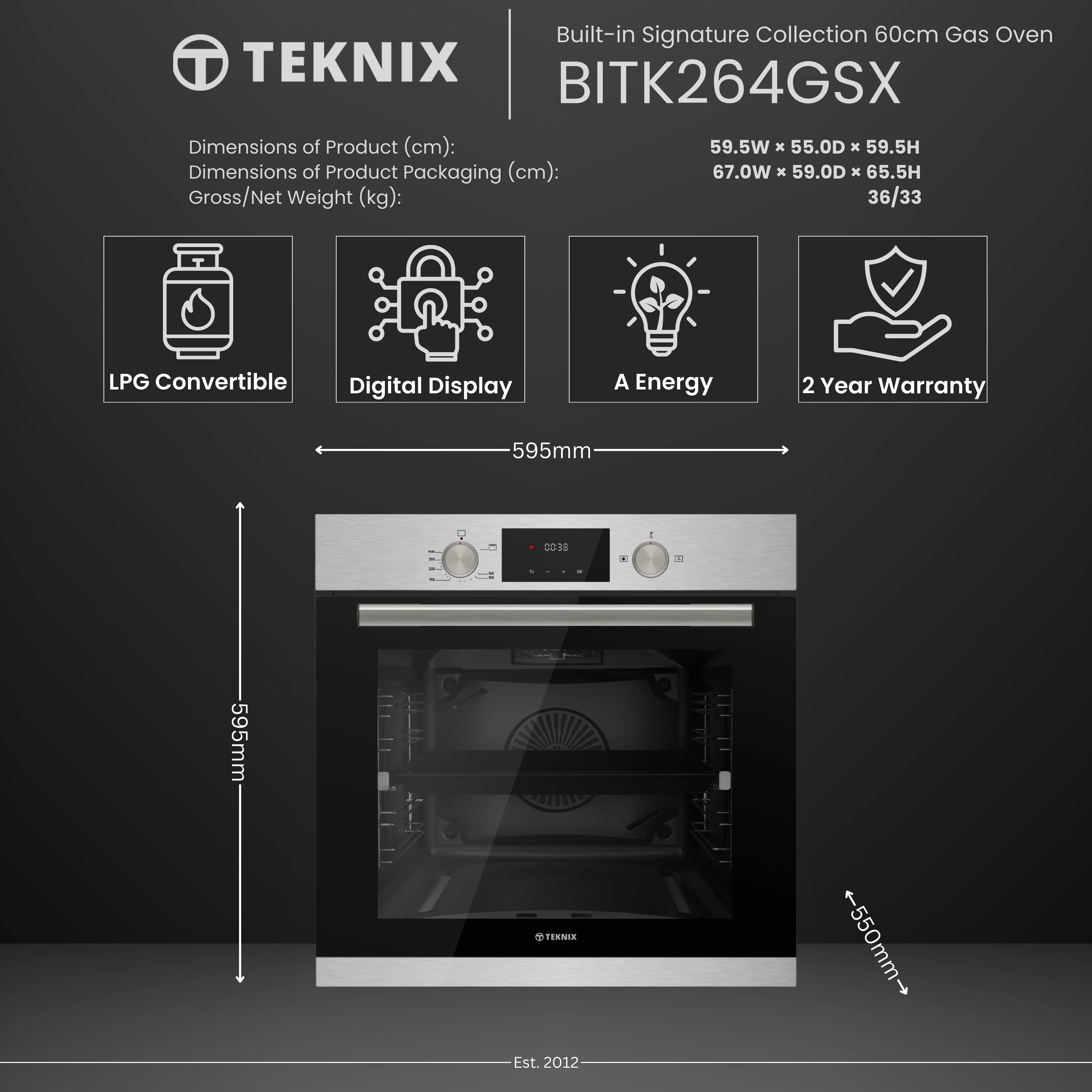 Teknix BITK264GSX - Stainless Steel Single Oven - Gas -LPG convertible - 69L - A Energy - Image 3
