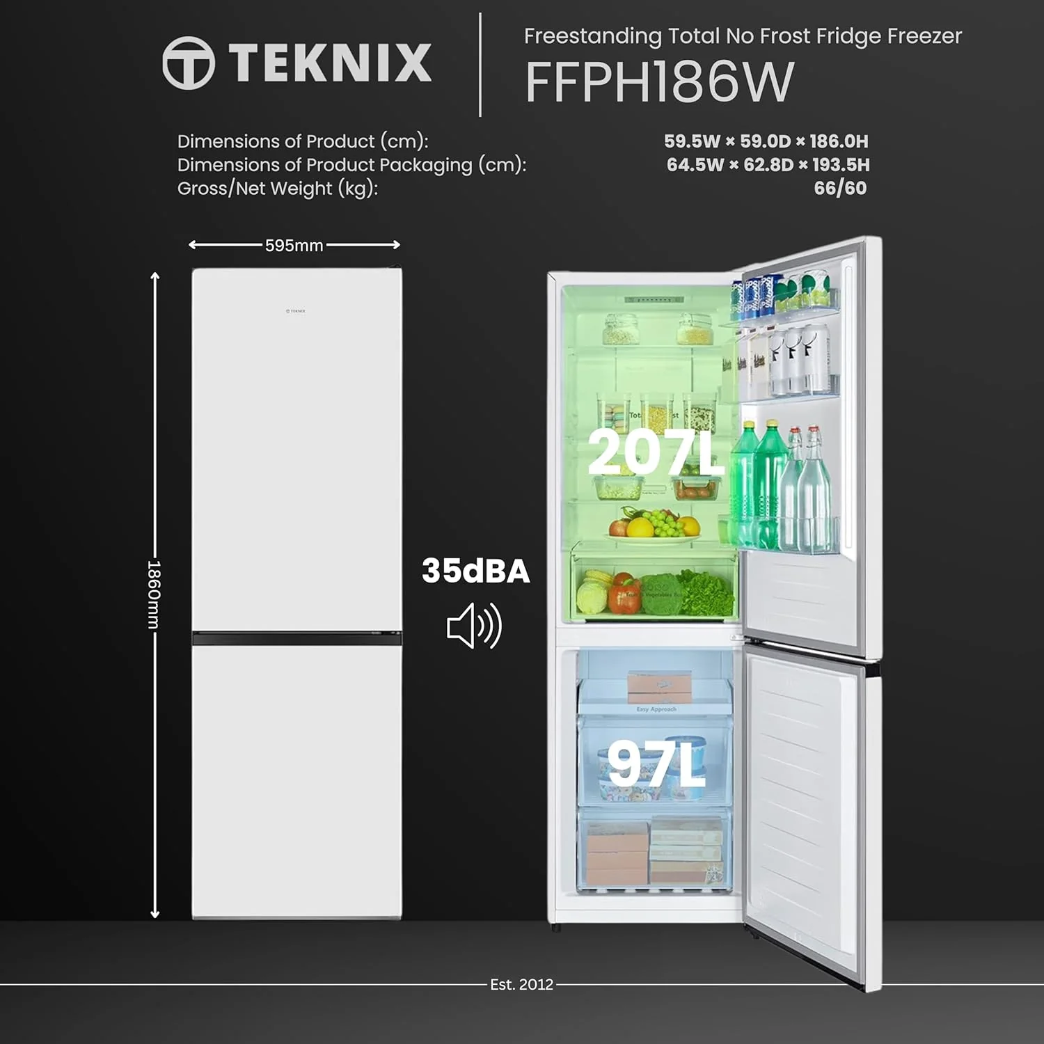 Teknix FFPH186W - White 60/40 Split Fridge Freezer - 304L Capacity - E Rated - Image 5