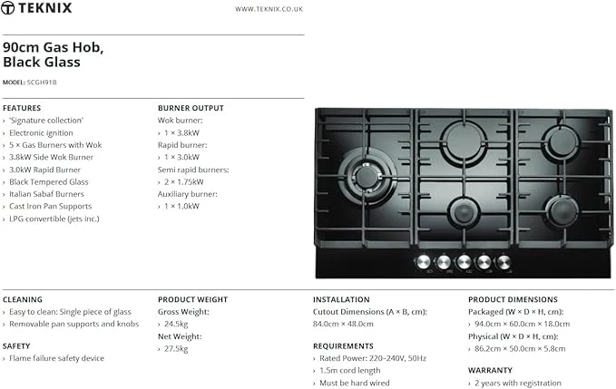 Teknix SCGH91B - Black 5 Zone Gas Hob - Image 4