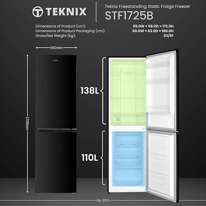 Teknix STF1725B - Black Fridge Freezer - 55cm Width - E Energy Rating - Image 3