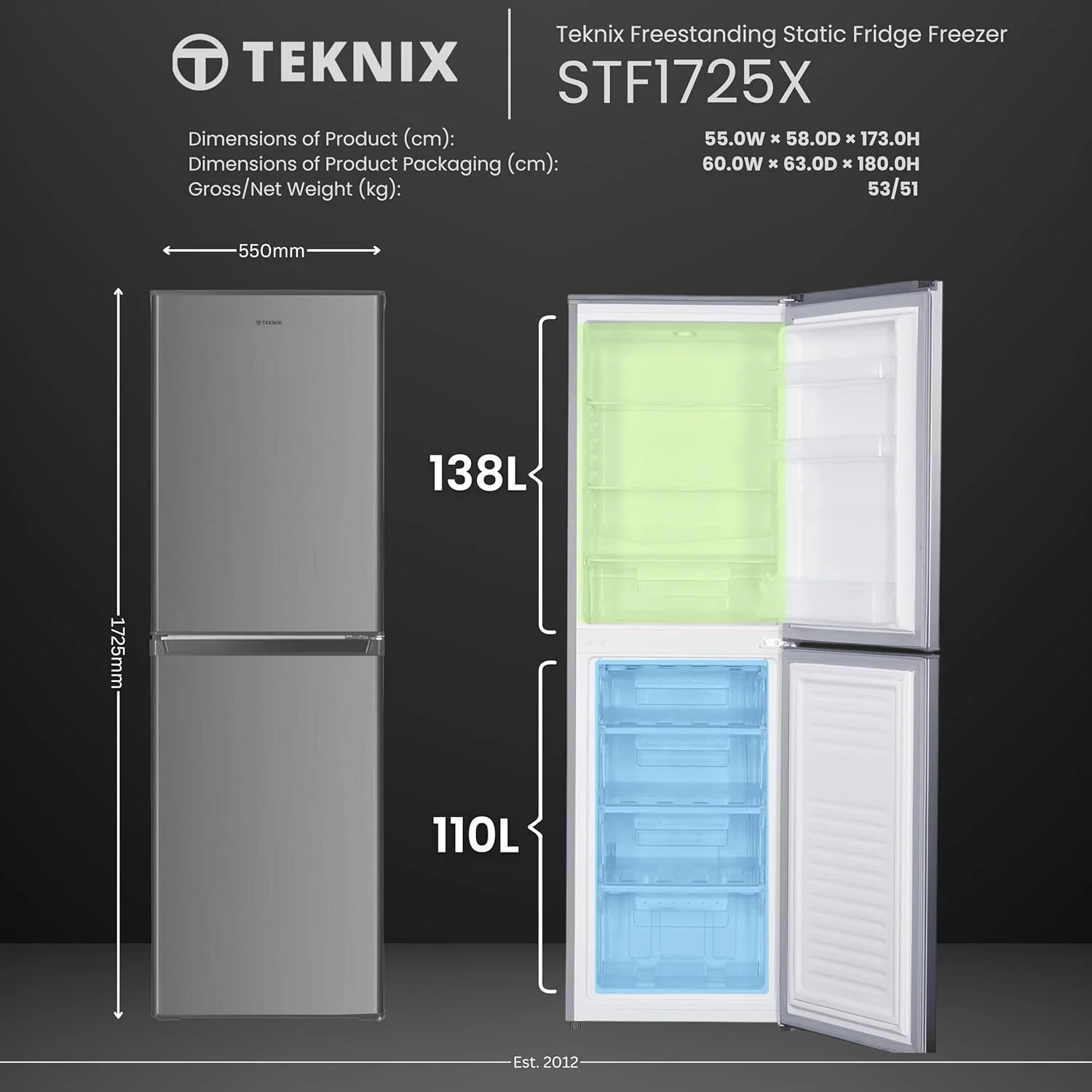 Teknix STF1725X - Inox 50/50 Fridge Freezer - 138L Fridge/110L Freezer - E Rated - Image 2